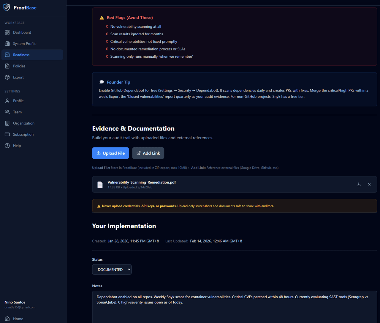 ProofBase Evidence Upload - Upload files and add external references for each SOC 2 control