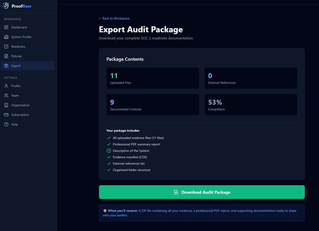ProofBase Export - Download complete audit package with all evidence and documentation